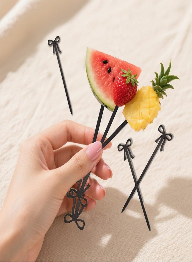 CuddleJunk 30 pcs Bow Cocktail Picks, Cute Fruit Skewers for Party, Acrylic Bowknot Toothpicks for Appetizers Cake Drink Dessert Birthday Coquette Party Decorations (Black) - Image 3